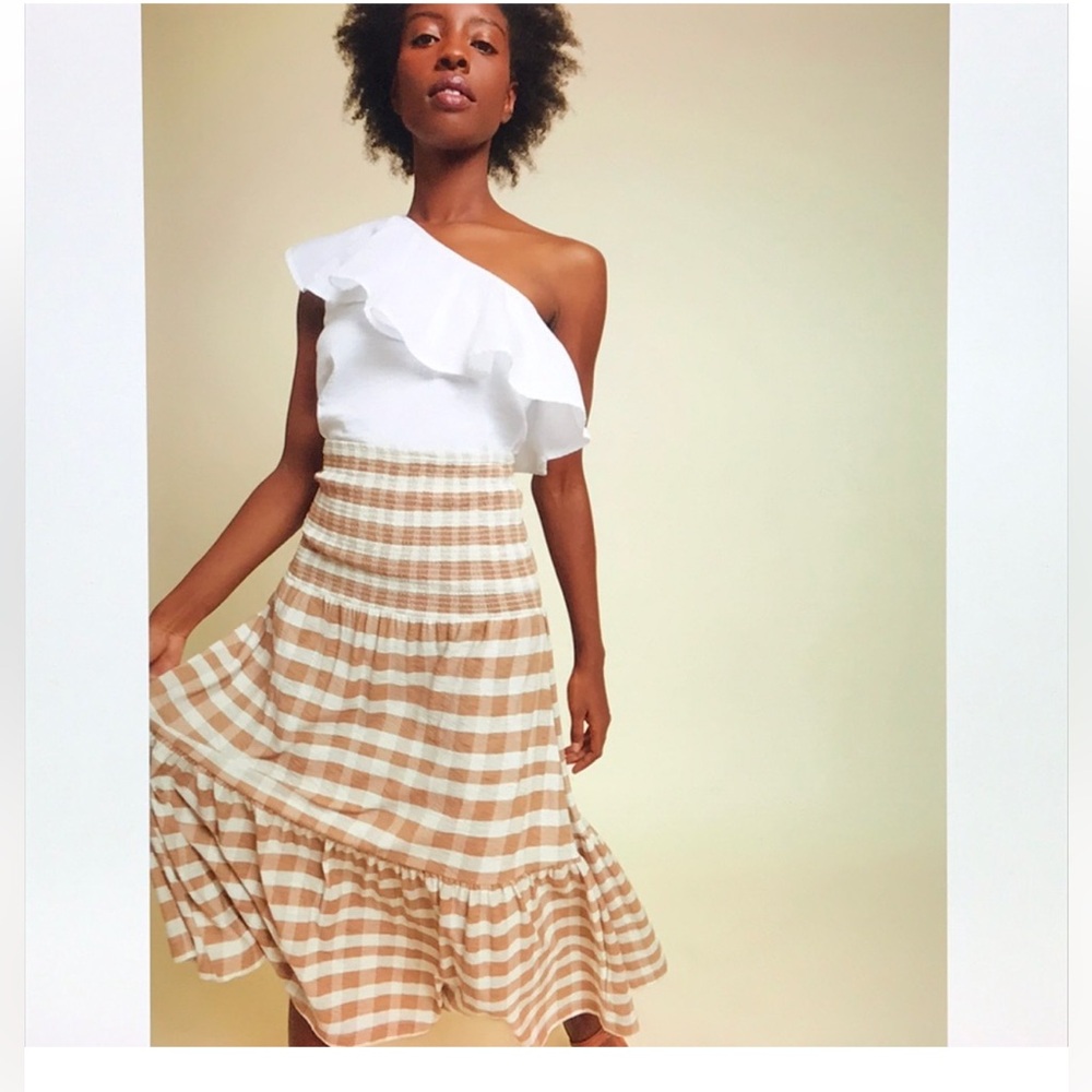 Nation LTD Nyla Smocked Midi XS Tan Gingham Skirt